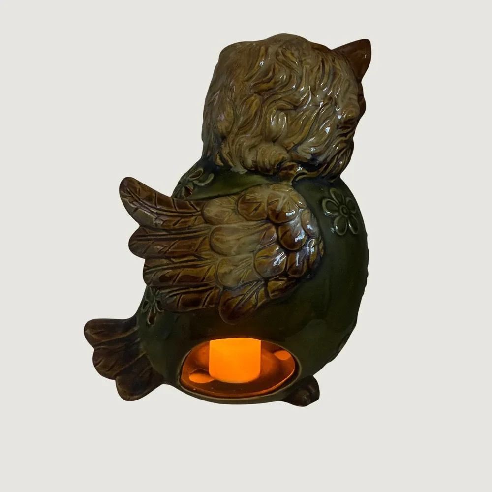 Vintage Owl Ceramic Candle Holder 9.5in Green Brown Butterfly Flower Luminary
